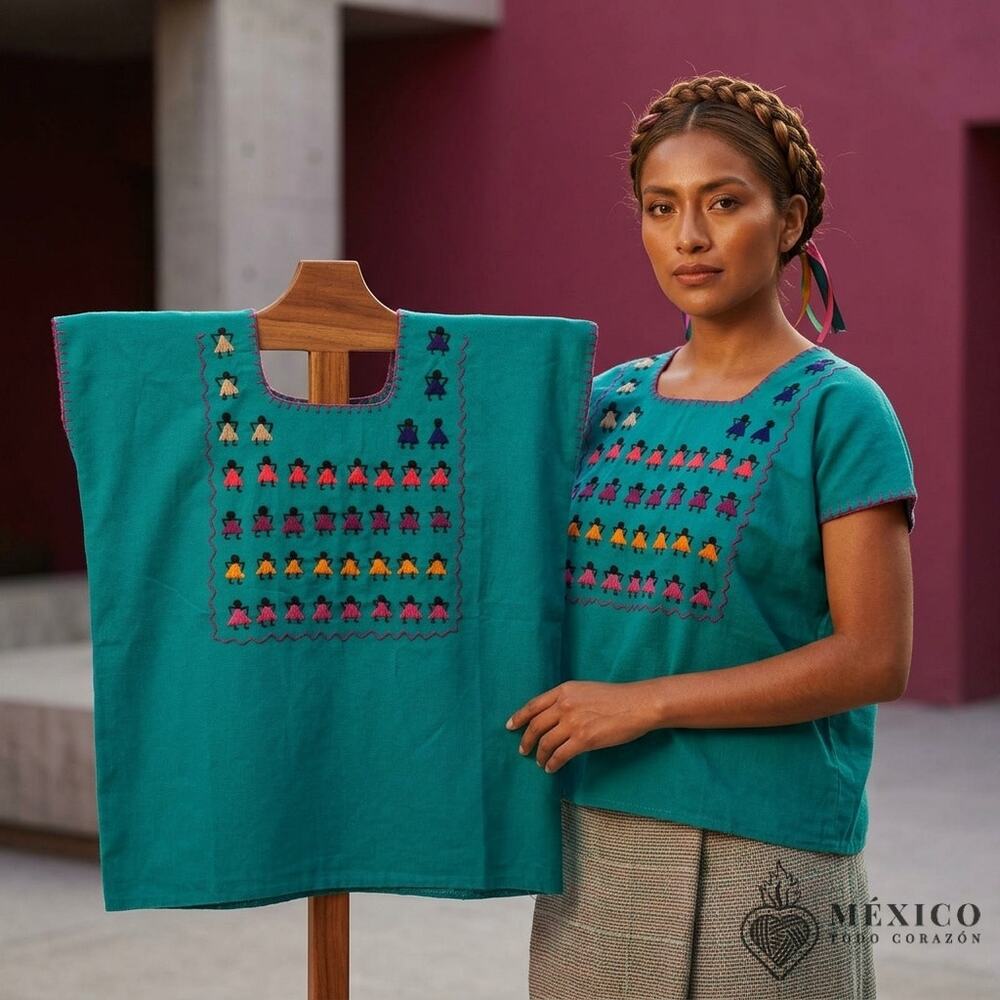 Traditional Mexican Huipil HAND EMBROIDERED – Handmade artisinal Manta Top   S M